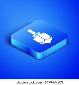 Isometric Hanukkah dreidel icon isolated on blue background. Blue square button. Vector Illustration