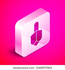 Isometric Hanukkah dreidel icon isolated on pink background. Silver square button. Vector