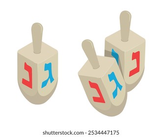 Isometric Hanukkah Jewish symbolic wooden toys with letters of alphabet for turning. 3D vector isolated on white background