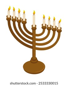 Isometric Hanukkah Jewish traditional Menorah candlestick with lit candles. 3D vector isolated on white background