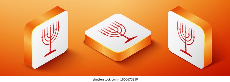 Isometric Hanukkah menorah icon isolated on orange background. Religion icon. Hanukkah traditional symbol. Holiday religion, jewish festival of Lights. Orange square button. Vector.