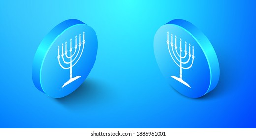 Isometric Hanukkah menorah icon isolated on blue background. Religion icon. Hanukkah traditional symbol. Holiday religion, jewish festival of Lights. Blue circle button. Vector.