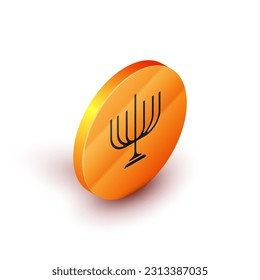 Isometric Hanukkah menorah icon isolated on white background. Hanukkah traditional symbol. Holiday religion, jewish festival of Lights. Orange circle button. Vector