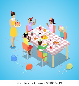 Isometric Happy Birthday Party Celebration with Children and Cake. Vector 3d flat illustration