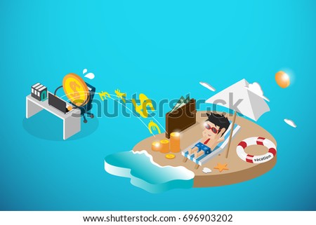isometric happy businessman and money working, passive income and business concept