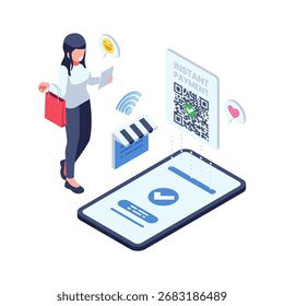 Isometric Happy Customer Using QR Code Payment for Instant Transactions. Impatience Economy and Instant Payment Concept