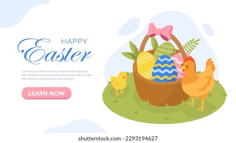 Isometric Happy Easter. Hen and chick stand on green grass near basket with colorful eggs. Traditional religious holiday and festival, spring season. Landing page design. Cartoon vector illustration