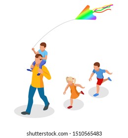 Isometric happy family father and child daughter launch a kite on nature. Outdoor, playing with wind toy on weekend, vacation, holiday.