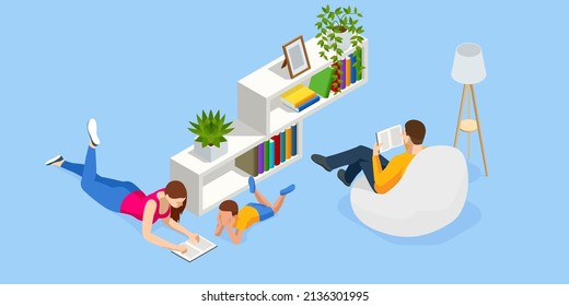 Isometric Happy family reading books at home. Read more books concept.