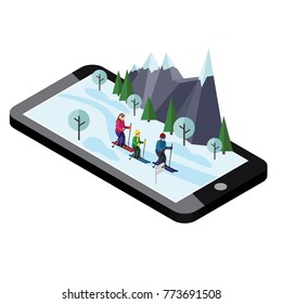 Isometric happy family skiing. Mobile navigation. Videos and photos keeped in phone memory. Cross country skiing, winter sport. Olimpic games, recreation lifestyle, activity speed extreme