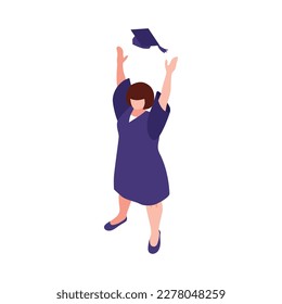 Isometric happy female university graduate student throwing her cap up vector illustration