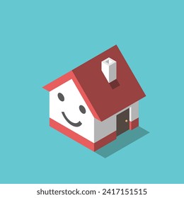 Isometric happy house with smiling face. Happiness, strong stable family, cozy home, fun, joy and positive emotion concept. Flat design. EPS 8 vector illustration, no transparency, no gradients