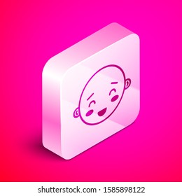 Isometric Happy little boy head icon isolated on pink background. Face of baby boy. Silver square button. Vector Illustration