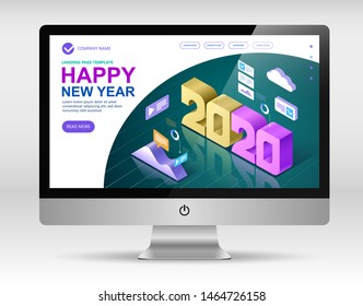 Isometric a Happy New Year 2020 greetings concept on computer screen, Jubilee or birthday logotype. Vector modern minimalist Happy new year Isometric card for 2020 Year, Vector illustration