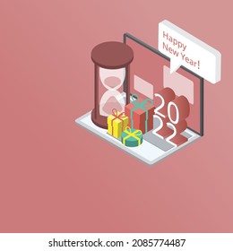 isometric happy new year card for 2022 with laptop and presents