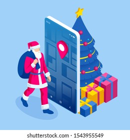 Isometric happy Santa Claus with a sack full of colorful boxed gifts. Delivery Service man in Holiday clothes. Christmas Shopping and Winter Holiday.