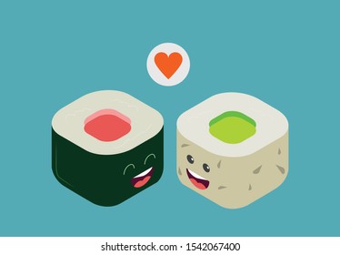 Isometric Happy sushi love between two pieces