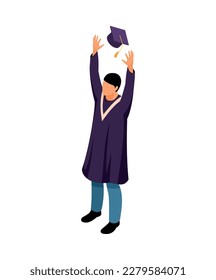 Isometric happy university graduate throwing cap in air 3d vector illustration