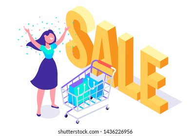 Isometric Happy Young woman with shopping cart. Mall shopping, on-line shopping. Big sale. Flat vector illustration.	