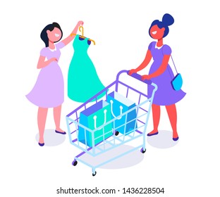 Isometric Happy Young women with shopping cart. Friends Shopping together. Mall shopping, on-line shopping. Big sale. Flat vector illustration.	