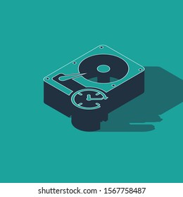 Isometric Hard disk drive with clockwise sign, data recovery icon isolated on green background.  Vector Illustration