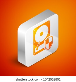 Isometric Hard disk drive (HDD) protection icon isolated on orange background. Silver square button. Vector Illustration