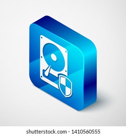 Isometric Hard disk drive HDD protection icon isolated on white background. Blue square button. Vector Illustration