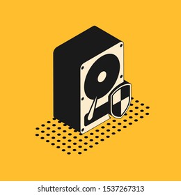 Isometric Hard disk drive HDD protection icon isolated on yellow background.  Vector Illustration