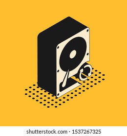 Isometric Hard disk drive HDD sync refresh icon isolated on yellow background.  Vector Illustration