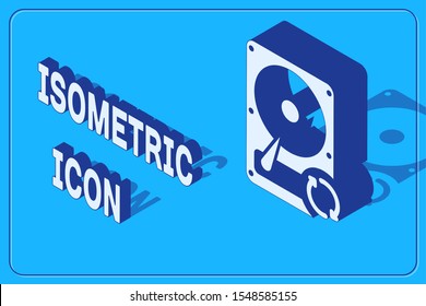 Isometric Hard disk drive HDD sync refresh icon isolated on blue background.  Vector Illustration