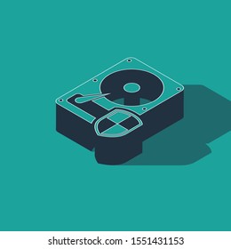 Isometric Hard disk drive HDD protection icon isolated on green background.  Vector Illustration