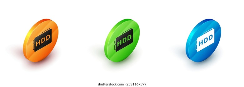 Icono isométrico de la unidad de disco duro HDD aislado sobre fondo blanco. Botón circular. Vector