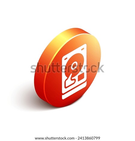 Isometric Hard disk drive HDD icon isolated on white background. Orange circle button. Vector