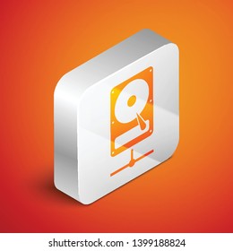 Isometric Hard disk drive on sharing network icon isolated on orange background. Silver square button. Vector Illustration