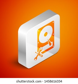 Isometric Hard disk drive with screwdriver and wrench icon isolated on orange background. Adjusting, service, setting, maintenance, repair, fixing. Silver square button. Vector Illustration