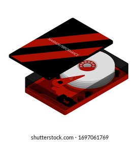 Isometric hard drive with an open cover in red and black, maximum performance. Internal organization. Isolated vector on white background