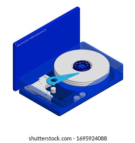 isometric hard drive with transparent cover, balanced performance. Internal organization. Isolated vector on white background