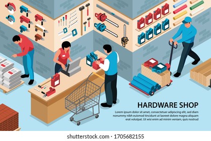 Isometric hardware tools shop horizontal background with text and indoor view of tool store with people vector illustration