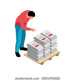 Isometric hardware tools shop icon con la compra de caracteres cemento 3d ilustración vectorial