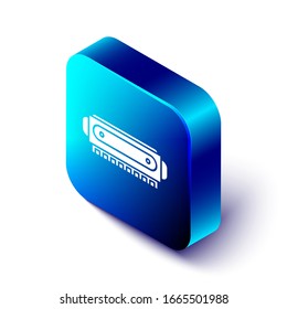 Isometric Harmonica icon isolated on white background. Musical instrument. Blue square button. Vector Illustration