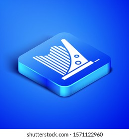 Isometric Harp icon isolated on blue background. Classical music instrument, orhestra string acoustic element. Blue square button. Vector Illustration