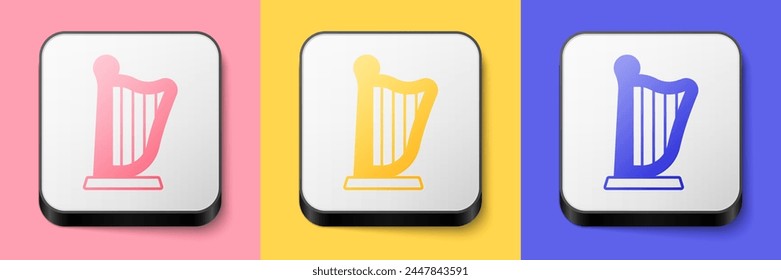 Isometric Harp icon isolated on pink, yellow and blue background. Classical music instrument, orhestra string acoustic element. Square button. Vector