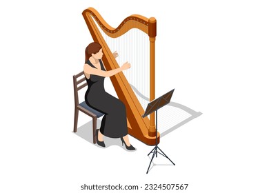 Isometric harp, a stringed musical instrument for festive, concert, and festival performances. Woman plays the harp