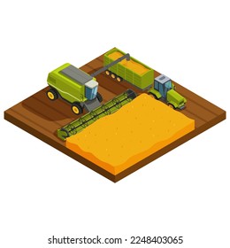 cosechador isométrico trabajando en el campo con un tractor, ilustración vectorial
