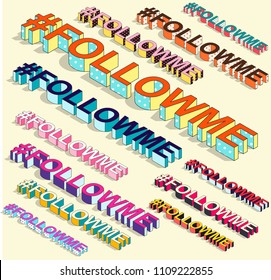 Isometric hashtag - followme. Social media isolated vector element with shadow. Feelings icon for messengers. Internet blogging, post notice 3d symbol. World network communication and microblogging