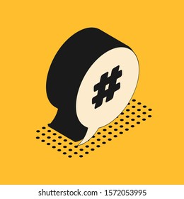 Isometric Hashtag speech bubble icon isolated on yellow background. Concept of number sign, social media marketing, micro blogging.  Vector Illustration