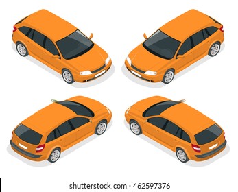 Isometric Hatchback car. Flat 3d isometric high quality city transport icon set.