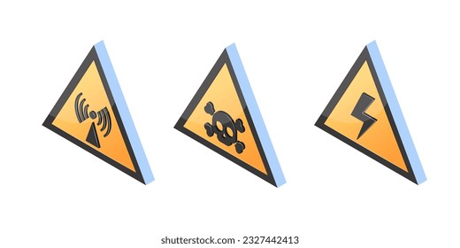 Isometrische Hazard-Symbole, gelbes Dreieck-Warnzeichen 3D-Zeichen. Nichtionisierende Strahlung, Gift, Hochspannungssymbole. Vektorgrafik einzeln auf weißem Hintergrund.