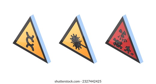 Isometric hazard icons, yellow triangle warning 3d signs. Carcinogen, laser hazard, ionizing radiation high level source symbols. Vector illustration isolated on a white background.