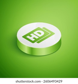 Isometric Hd movie, tape, frame icon isolated on green background. White circle button. Vector